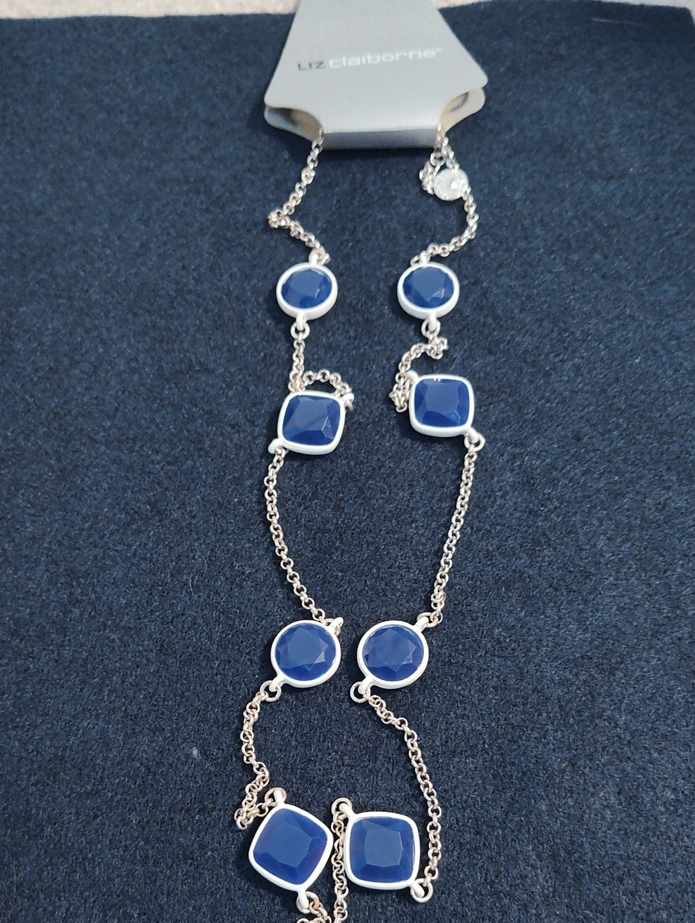 Liz Claiborne Navy Blue Faceted Station Necklace - Silver Tone